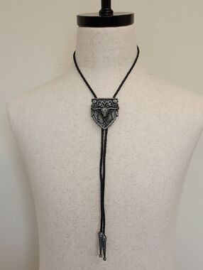 Western Bolo Tie Necklace Ornate Silver Shield Black Cord Vintage Style